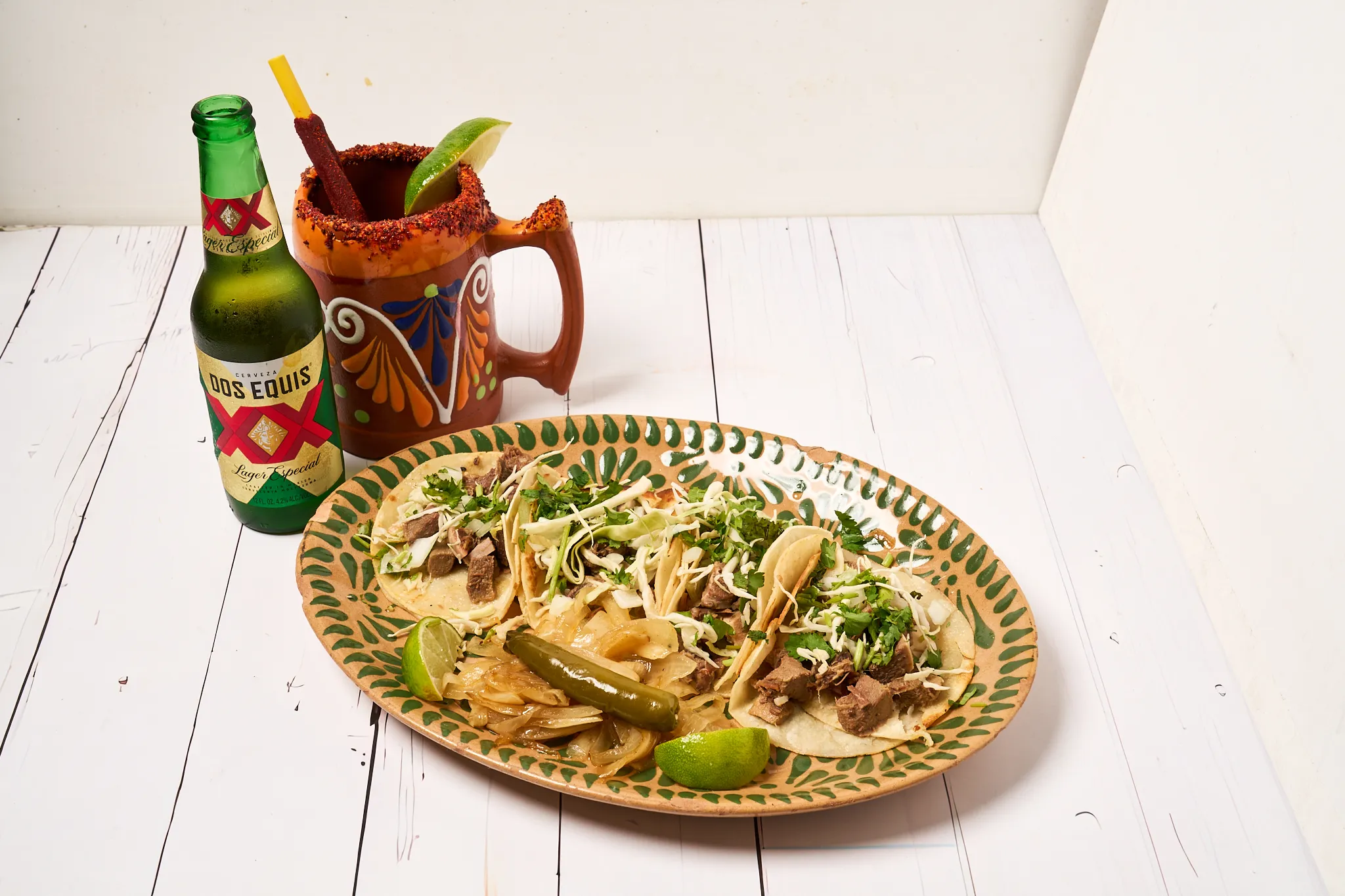 Tacos and a traditional Mexican drink served at Los Pastores